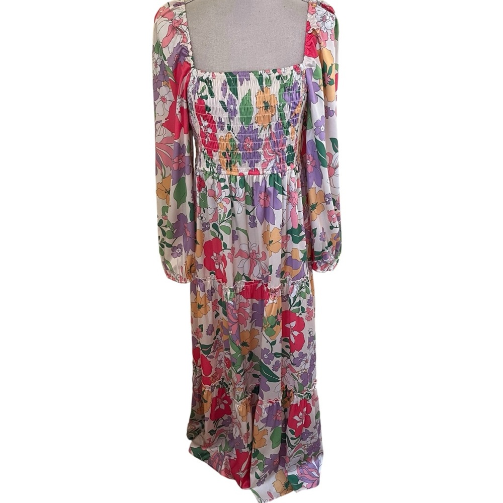143 Story Multi Color Floral Smocked Bodice Long Sleeve Maxi Dress L